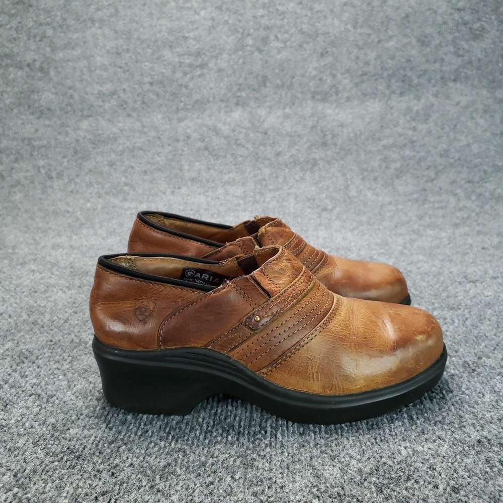 Ariat Steel Toe Shoes Womens Size 6.5‎ Brown Leather Clog Slip On Slip Resistant